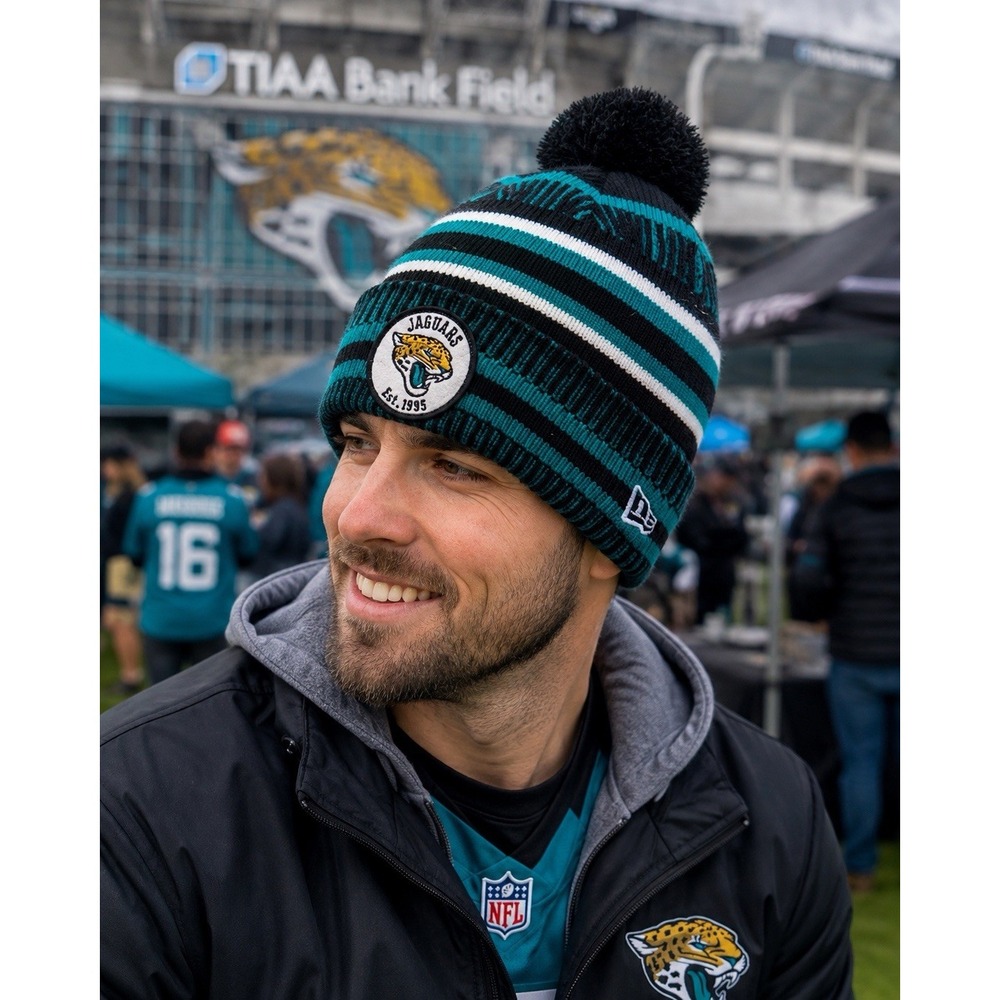 New Era Jacksonville Jaguars Beanie Hat Pom Cap Teal Black NFL Football One Size
